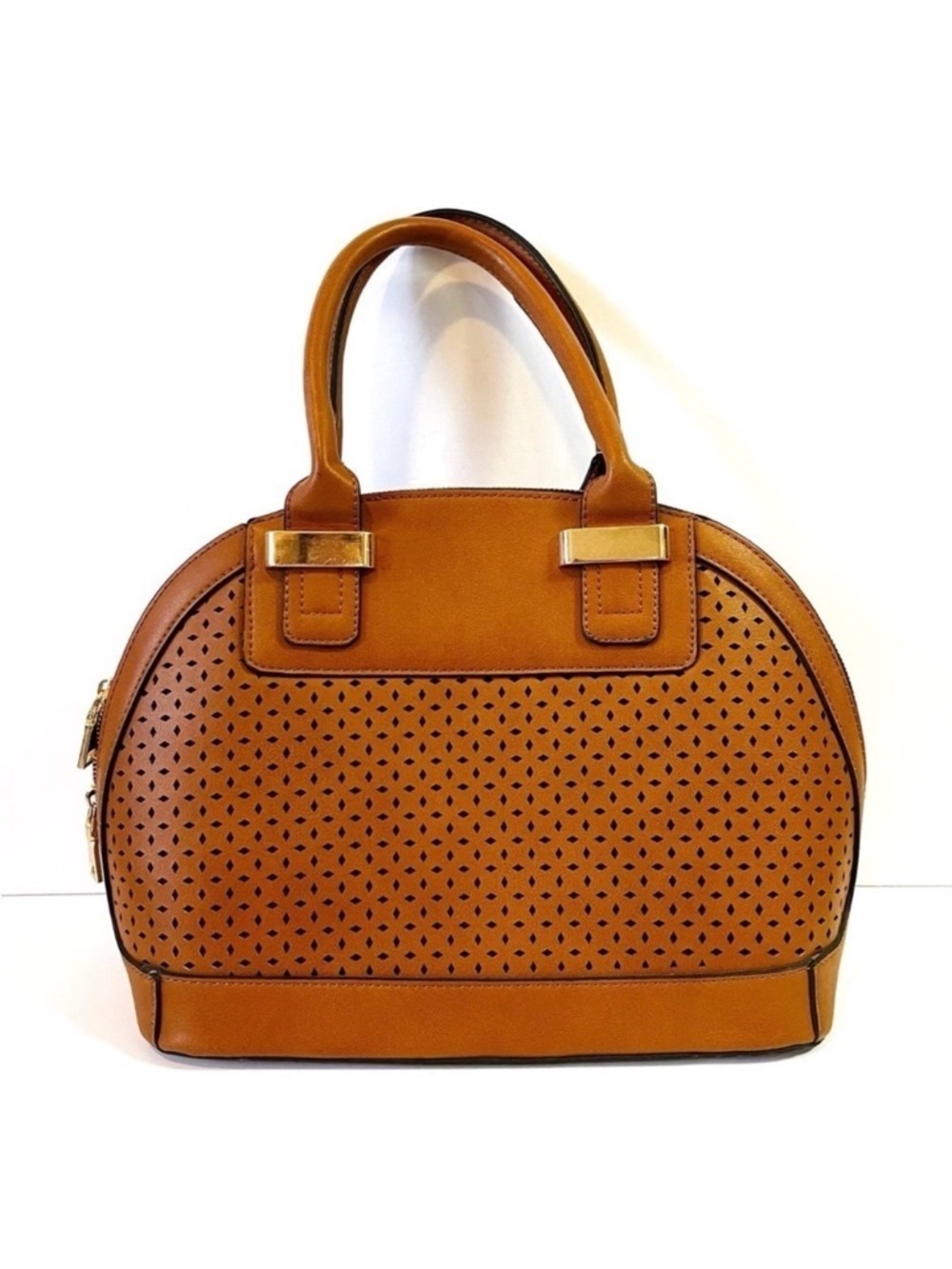 Brown Double Top Handle Satchel Handbag Vegan Leather Hard Side Classic